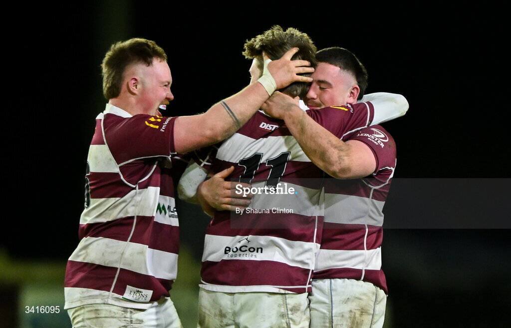 4 April 2026; Tullow RFC players celebrate after their side's victory in the Bank of Ireland Provincial Towns Cup semi-final match between Naas RFC and Tullow RFC at County Carlow RFC in Oakpark, Carlow. Photo by Shauna Clinton/Sportsfile