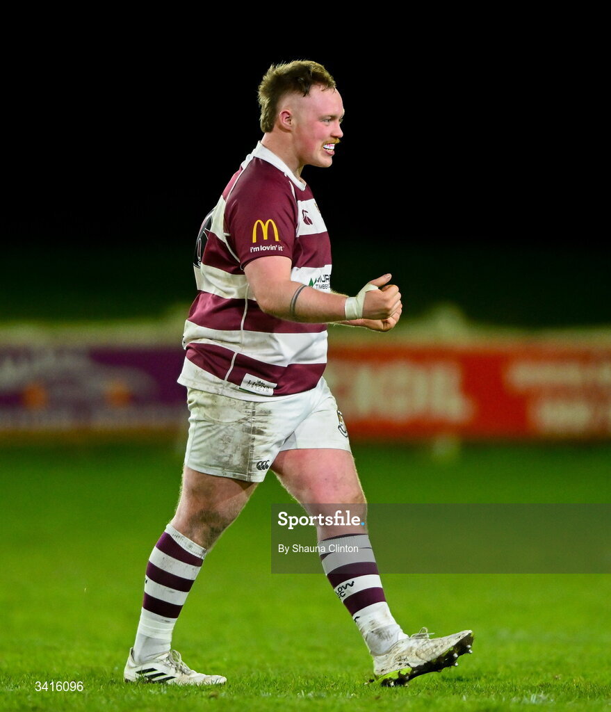 4 April 2026; Tullow RFC players celebrate after their side's victory in the Bank of Ireland Provincial Towns Cup semi-final match between Naas RFC and Tullow RFC at County Carlow RFC in Oakpark, Carlow. Photo by Shauna Clinton/Sportsfile