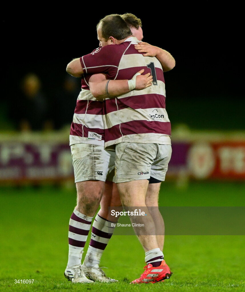 4 April 2026; Tullow RFC players celebrate after their side's victory in the Bank of Ireland Provincial Towns Cup semi-final match between Naas RFC and Tullow RFC at County Carlow RFC in Oakpark, Carlow. Photo by Shauna Clinton/Sportsfile