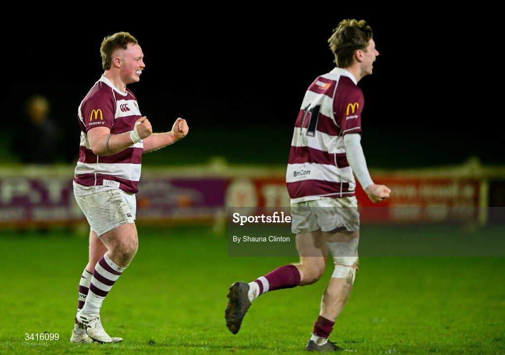 4 April 2026; Tullow RFC players celebrate after their side's victory in the Bank of Ireland Provincial Towns Cup semi-final match between Naas RFC and Tullow RFC at County Carlow RFC in Oakpark, Carlow. Photo by Shauna Clinton/Sportsfile