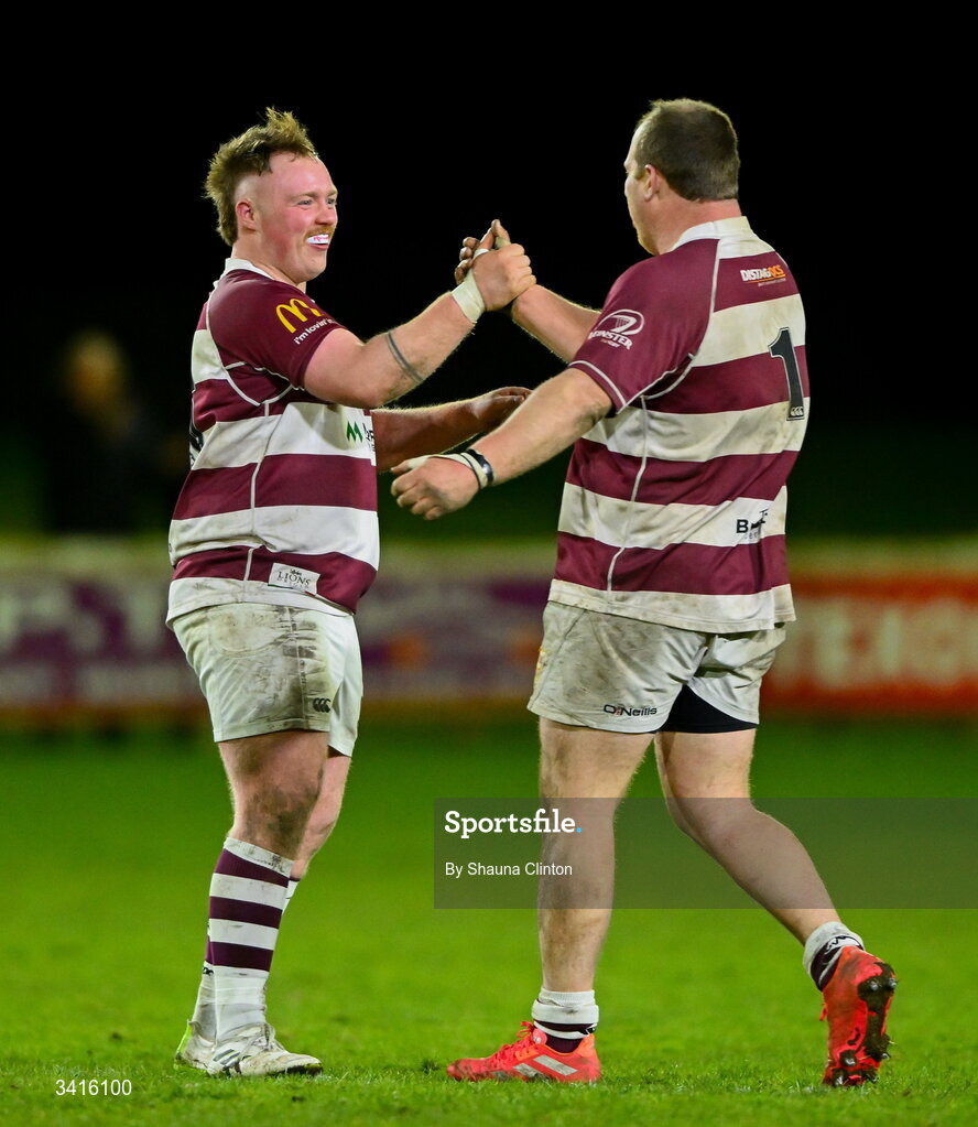 4 April 2026; Tullow RFC players celebrate after their side's victory in the Bank of Ireland Provincial Towns Cup semi-final match between Naas RFC and Tullow RFC at County Carlow RFC in Oakpark, Carlow. Photo by Shauna Clinton/Sportsfile