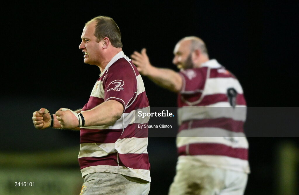 4 April 2026; Tullow RFC players celebrate after their side's victory in the Bank of Ireland Provincial Towns Cup semi-final match between Naas RFC and Tullow RFC at County Carlow RFC in Oakpark, Carlow. Photo by Shauna Clinton/Sportsfile
