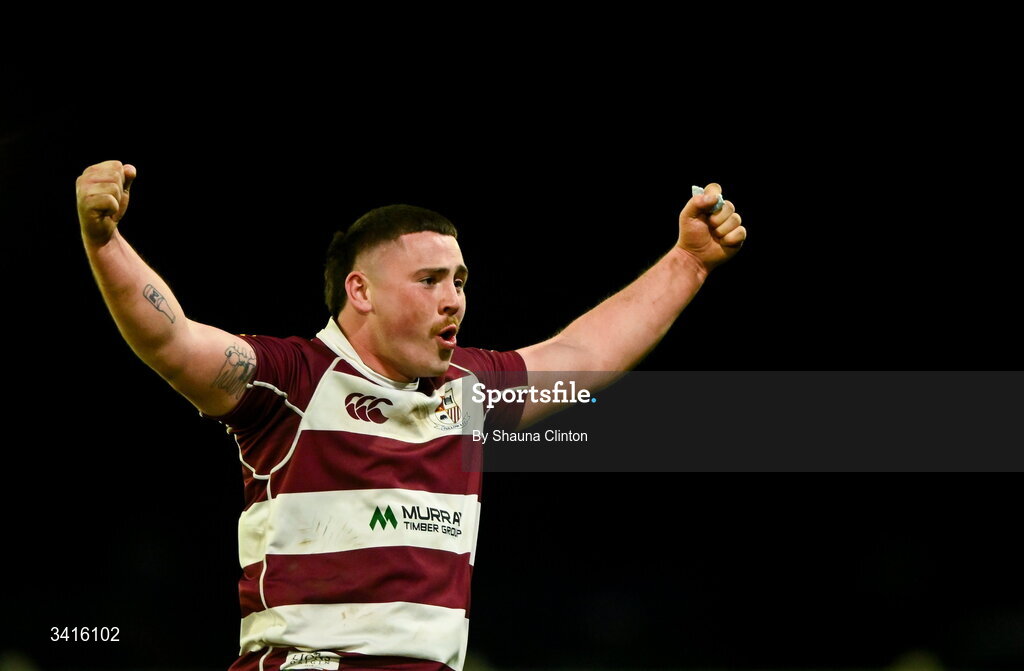 4 April 2026; Tullow RFC players celebrate after their side's victory in the Bank of Ireland Provincial Towns Cup semi-final match between Naas RFC and Tullow RFC at County Carlow RFC in Oakpark, Carlow. Photo by Shauna Clinton/Sportsfile