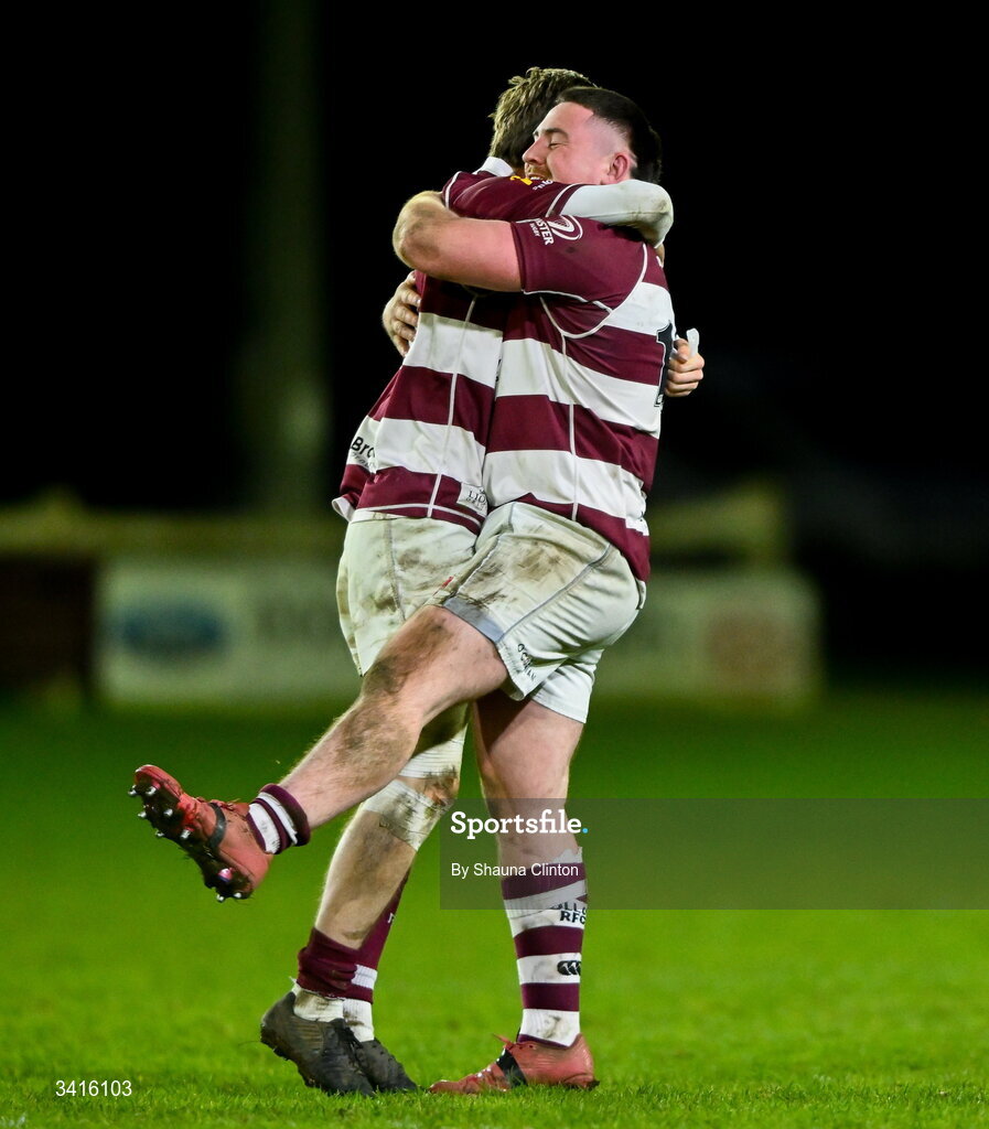4 April 2026; Tullow RFC players celebrate after their side's victory in the Bank of Ireland Provincial Towns Cup semi-final match between Naas RFC and Tullow RFC at County Carlow RFC in Oakpark, Carlow. Photo by Shauna Clinton/Sportsfile