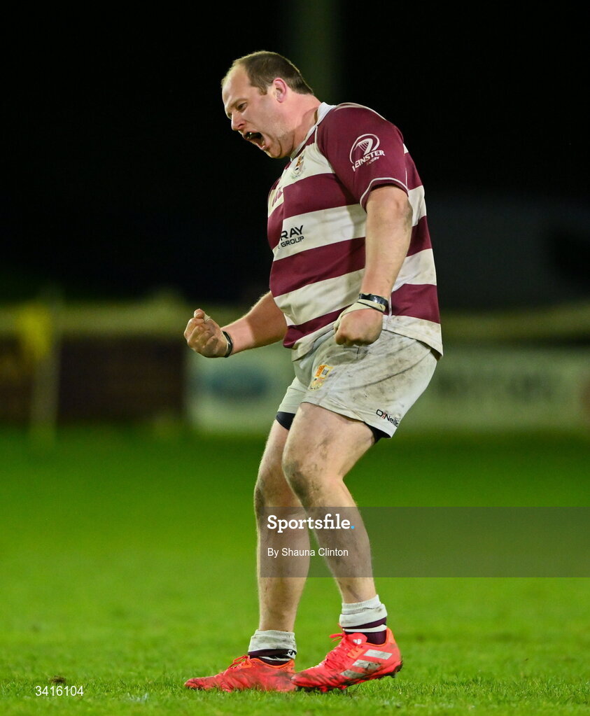 4 April 2026; Tullow RFC players celebrate after their side's victory in the Bank of Ireland Provincial Towns Cup semi-final match between Naas RFC and Tullow RFC at County Carlow RFC in Oakpark, Carlow. Photo by Shauna Clinton/Sportsfile