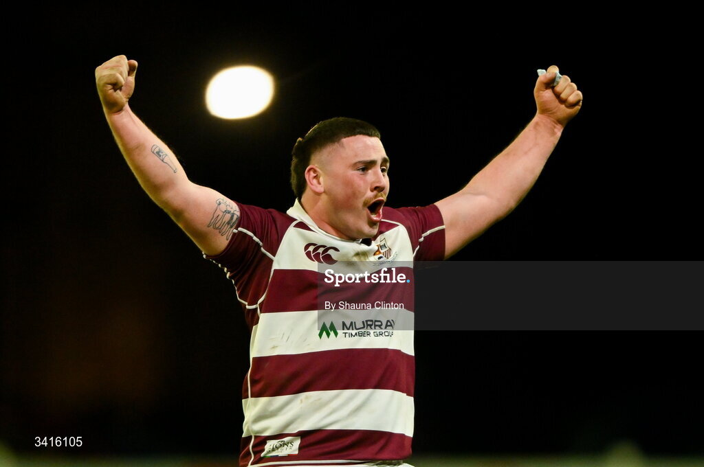 4 April 2026; Tullow RFC players celebrate after their side's victory in the Bank of Ireland Provincial Towns Cup semi-final match between Naas RFC and Tullow RFC at County Carlow RFC in Oakpark, Carlow. Photo by Shauna Clinton/Sportsfile