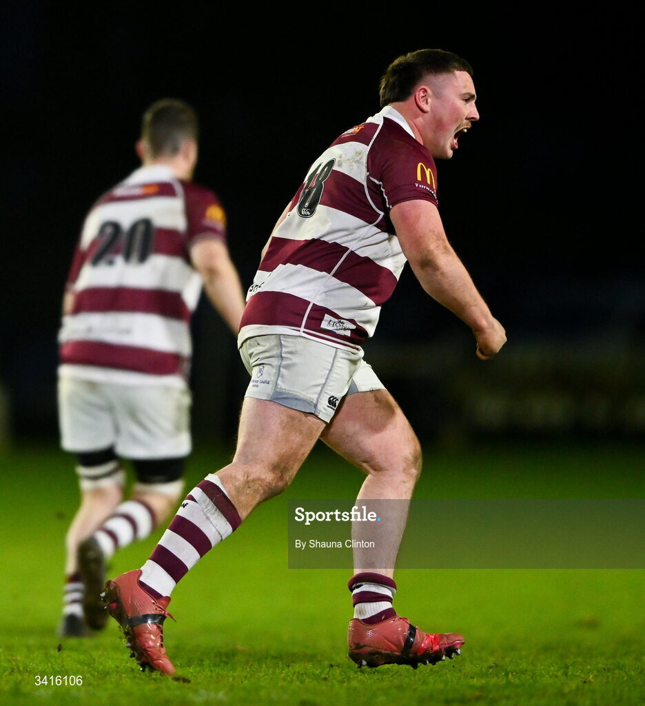4 April 2026; Tullow RFC players celebrate after their side's victory in the Bank of Ireland Provincial Towns Cup semi-final match between Naas RFC and Tullow RFC at County Carlow RFC in Oakpark, Carlow. Photo by Shauna Clinton/Sportsfile