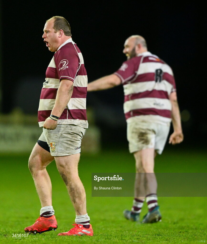 4 April 2026; Tullow RFC players celebrate after their side's victory in the Bank of Ireland Provincial Towns Cup semi-final match between Naas RFC and Tullow RFC at County Carlow RFC in Oakpark, Carlow. Photo by Shauna Clinton/Sportsfile