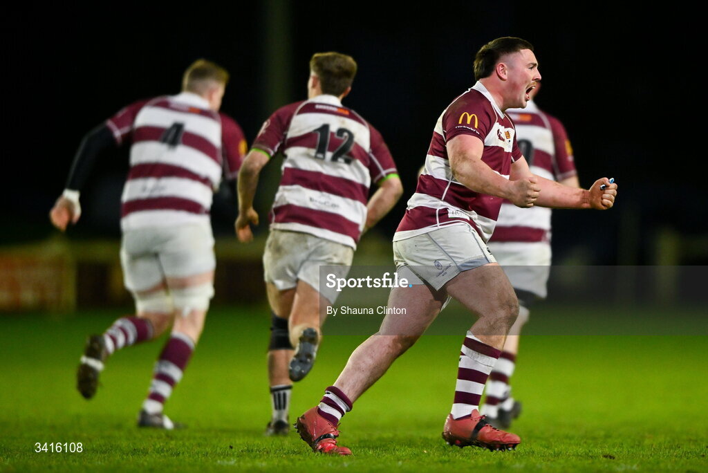 4 April 2026; Tullow RFC players celebrate after their side's victory in the Bank of Ireland Provincial Towns Cup semi-final match between Naas RFC and Tullow RFC at County Carlow RFC in Oakpark, Carlow. Photo by Shauna Clinton/Sportsfile
