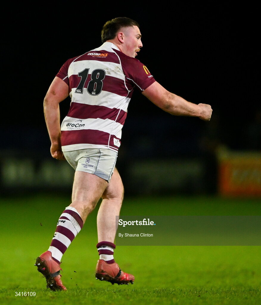 4 April 2026; Tullow RFC players celebrate after their side's victory in the Bank of Ireland Provincial Towns Cup semi-final match between Naas RFC and Tullow RFC at County Carlow RFC in Oakpark, Carlow. Photo by Shauna Clinton/Sportsfile