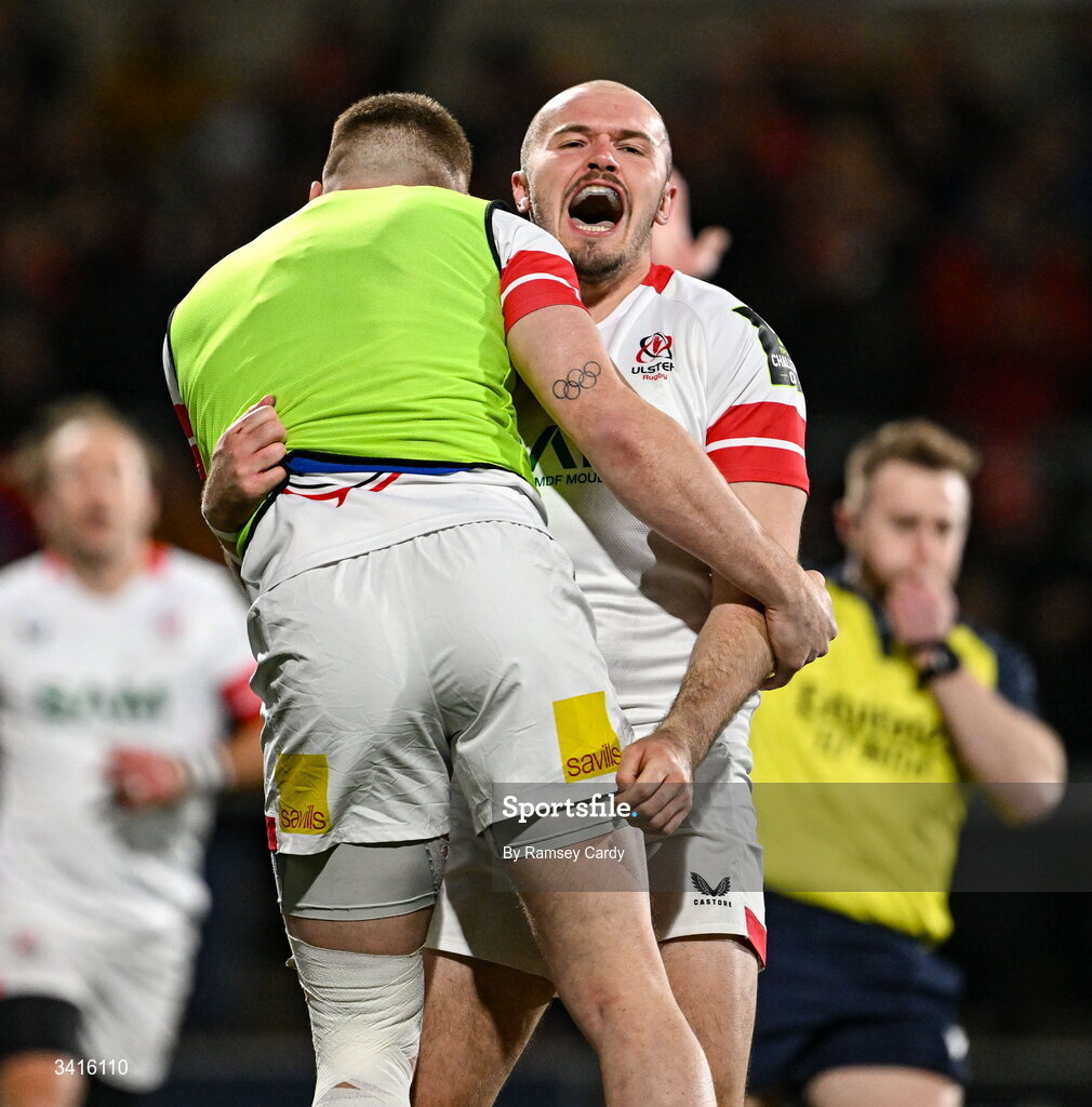 4 April 2026; Jacob Stockdale of Ulster celebrates after scoring his side's third try during the EPCR Challenge Cup match between Ulster and Ospreys at Affidea Stadium in Belfast. Photo by Ramsey Cardy/Sportsfile
