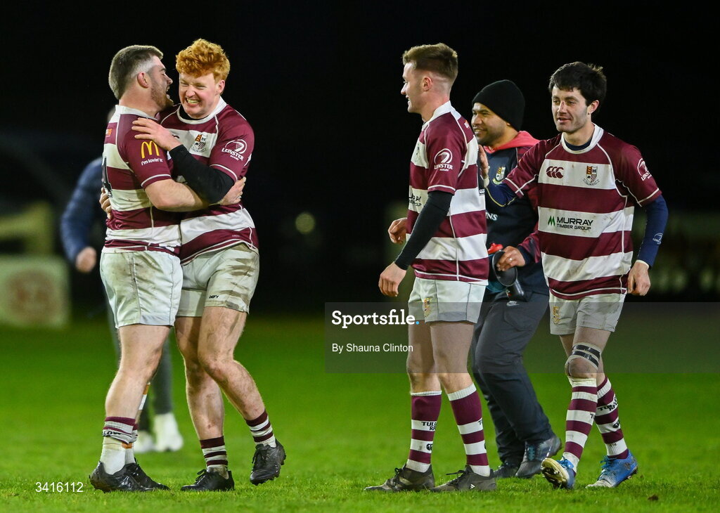 4 April 2026; Tullow RFC players celebrate after their side's victory in the Bank of Ireland Provincial Towns Cup semi-final match between Naas RFC and Tullow RFC at County Carlow RFC in Oakpark, Carlow. Photo by Shauna Clinton/Sportsfile