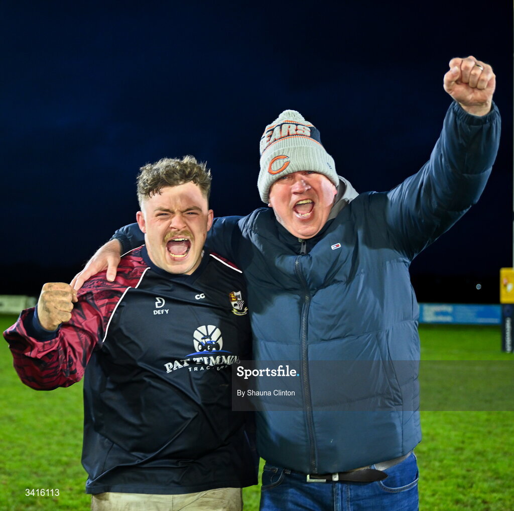 4 April 2026; Tullow RFC players celebrate after their side's victory in the Bank of Ireland Provincial Towns Cup semi-final match between Naas RFC and Tullow RFC at County Carlow RFC in Oakpark, Carlow. Photo by Shauna Clinton/Sportsfile