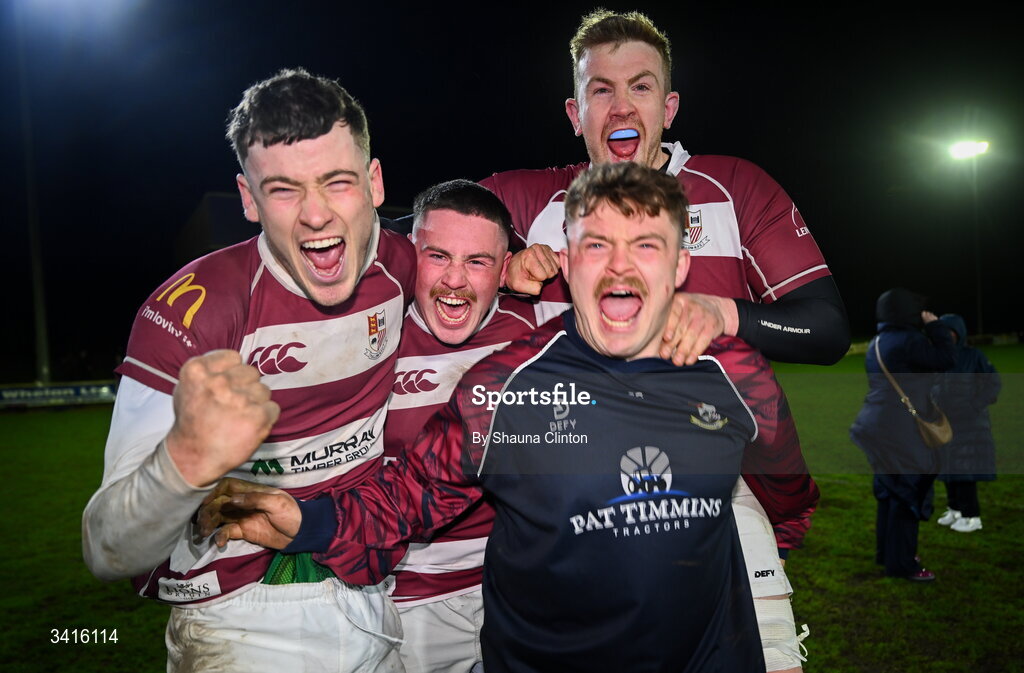 4 April 2026; Tullow RFC players celebrate after their side's victory in the Bank of Ireland Provincial Towns Cup semi-final match between Naas RFC and Tullow RFC at County Carlow RFC in Oakpark, Carlow. Photo by Shauna Clinton/Sportsfile