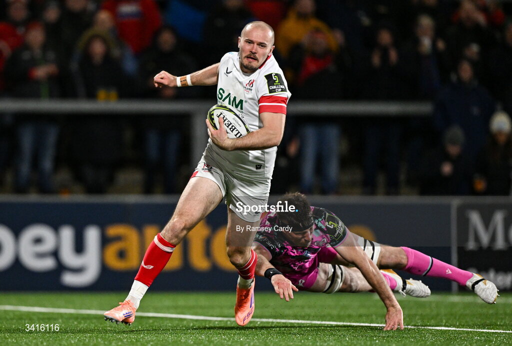 4 April 2026; Jacob Stockdale of Ulster on his way to scoring his side's third try during the EPCR Challenge Cup match between Ulster and Ospreys at Affidea Stadium in Belfast. Photo by Ramsey Cardy/Sportsfile