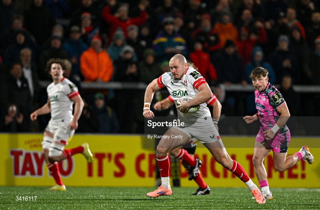4 April 2026; Jacob Stockdale of Ulster on his way to scoring his side's third try during the EPCR Challenge Cup match between Ulster and Ospreys at Affidea Stadium in Belfast. Photo by Ramsey Cardy/Sportsfile