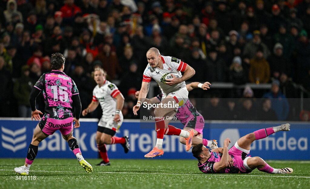 4 April 2026; Jacob Stockdale of Ulster evades the tackle of Owen Watkin of Ospreys on his way to scoring his side's third try during the EPCR Challenge Cup match between Ulster and Ospreys at Affidea Stadium in Belfast. Photo by Ramsey Cardy/Sportsfile