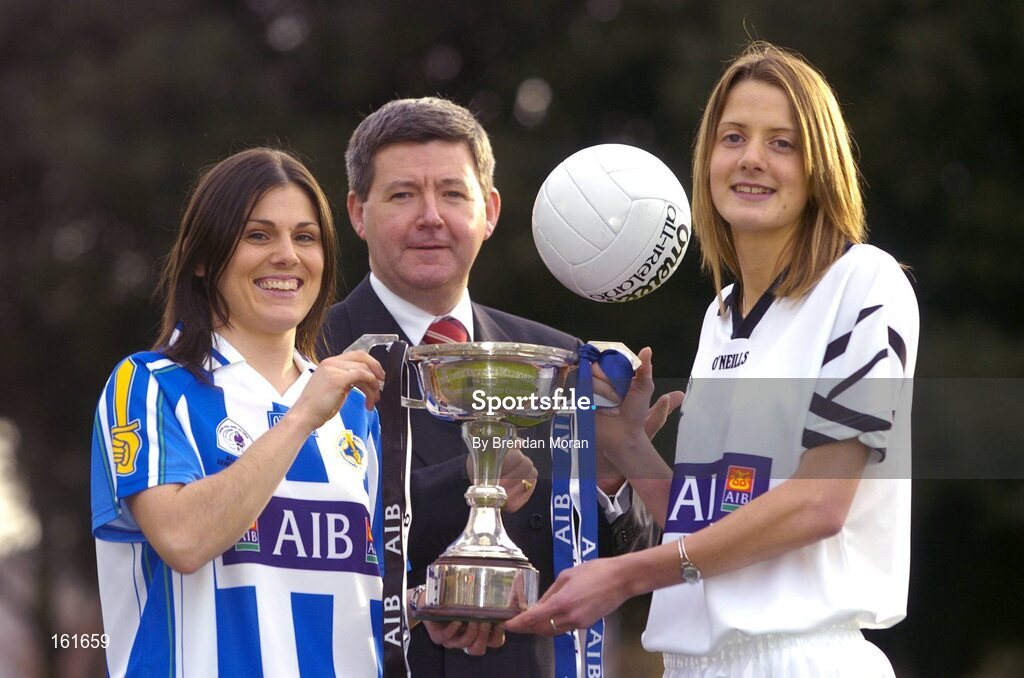 23 November 2004; Opposing captains in the AIB All-Ireland Ladies Club Senior Football Final, Karen Hopkins, left, of Ballyboden St Endas, and Juliet Murphy, Donaghmore, Cork, with Billy Finn, AIB, at a photocall ahead of the AIB Ladies Football All-Ireland Club Finals with the Senior and Junior Finals on Sunday next, 28th November, and the Intermediate Final on Sunday 5th December. AIB Bankcentre, Ballsbridge, Dublin. Picture credit; Brendan Moran / SPORTSFILE