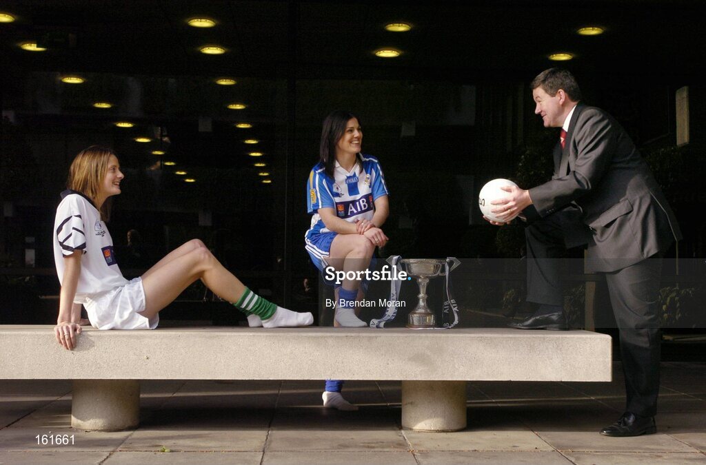 23 November 2004; Opposing captains in the AIB All-Ireland Ladies Club Senior Football Final, Karen Hopkins, centre, of Ballyboden St Endas, and Juliet Murphy, Donaghmore, Cork, with Billy Finn, AIB, at a photocall ahead of the AIB Ladies Football All-Ireland Club Finals with the Senior and Junior Finals on Sunday next, 28th November, and the Intermediate Final on Sunday 5th December. AIB Bankcentre, Ballsbridge, Dublin. Picture credit; Brendan Moran / SPORTSFILE