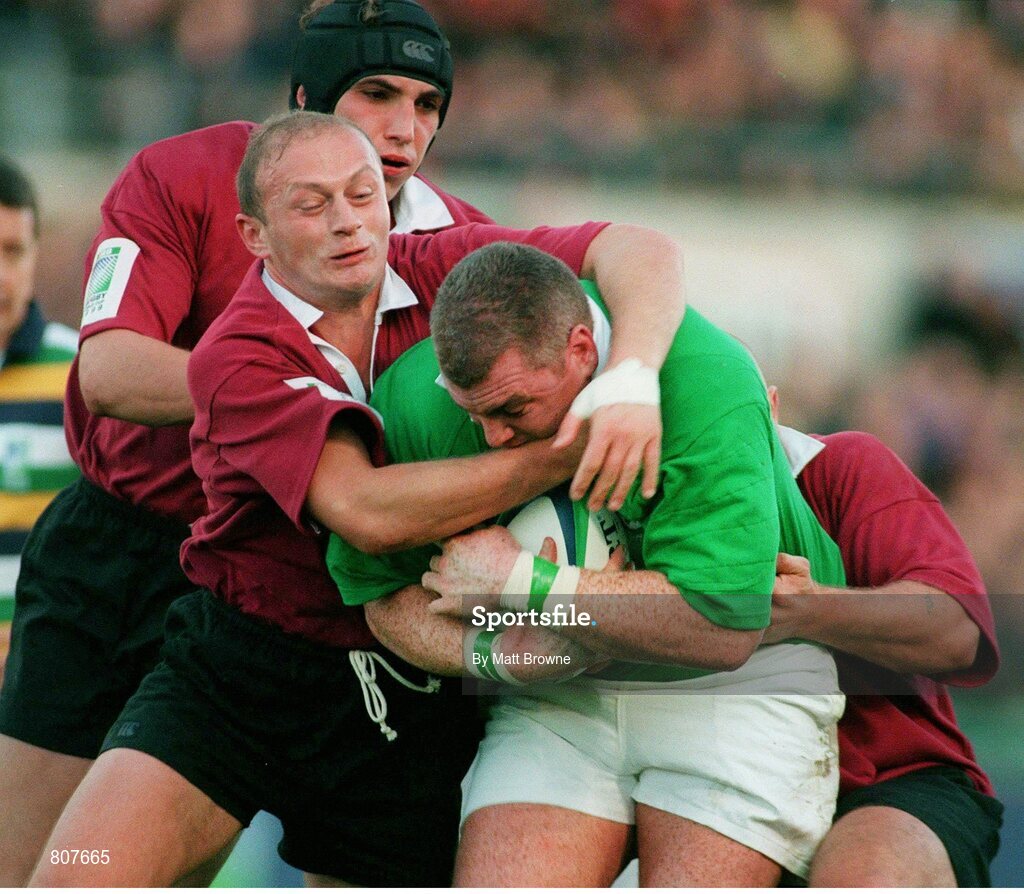 14 November 1998; Victor Costello, Ireland, is tackled by Emzar Dzagnidze, Georgia. Rugby World Cup Qualifier, Ireland v Georgia, Lansdowne Road, Dublin. Picture credit: Matt Browne / SPORTSFILE