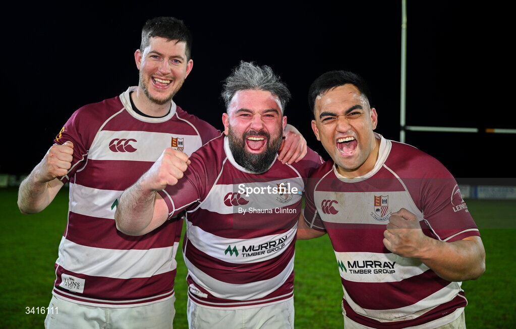 4 April 2026; Tullow RFC players celebrate after their side's victory in the Bank of Ireland Provincial Towns Cup semi-final match between Naas RFC and Tullow RFC at County Carlow RFC in Oakpark, Carlow. Photo by Shauna Clinton/Sportsfile