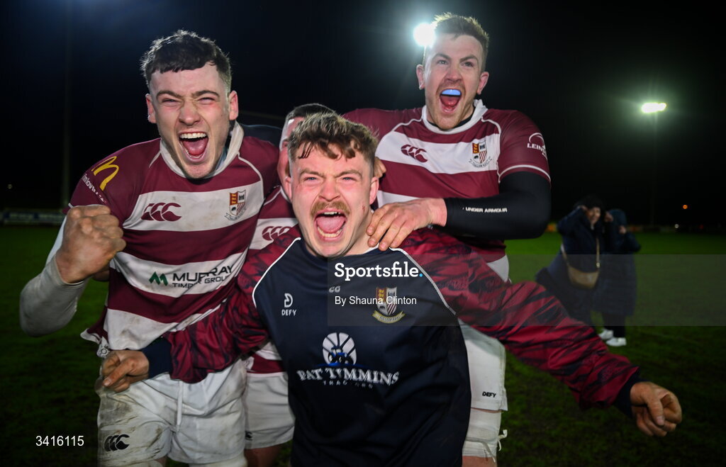 4 April 2026; Tullow RFC players celebrate after their side's victory in the Bank of Ireland Provincial Towns Cup semi-final match between Naas RFC and Tullow RFC at County Carlow RFC in Oakpark, Carlow. Photo by Shauna Clinton/Sportsfile