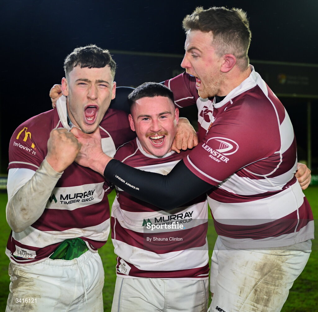 4 April 2026; Tullow RFC players celebrate after their side's victory in the Bank of Ireland Provincial Towns Cup semi-final match between Naas RFC and Tullow RFC at County Carlow RFC in Oakpark, Carlow. Photo by Shauna Clinton/Sportsfile
