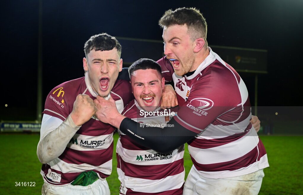 4 April 2026; Tullow RFC players celebrate after their side's victory in the Bank of Ireland Provincial Towns Cup semi-final match between Naas RFC and Tullow RFC at County Carlow RFC in Oakpark, Carlow. Photo by Shauna Clinton/Sportsfile