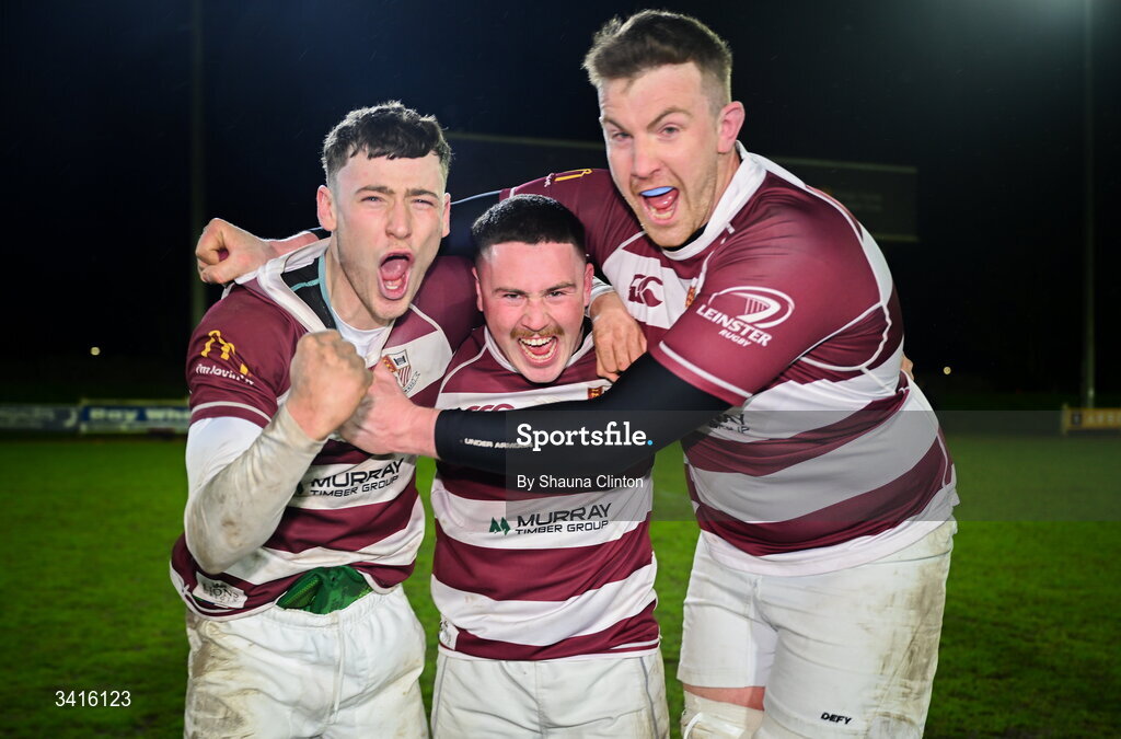 4 April 2026; Tullow RFC players celebrate after their side's victory in the Bank of Ireland Provincial Towns Cup semi-final match between Naas RFC and Tullow RFC at County Carlow RFC in Oakpark, Carlow. Photo by Shauna Clinton/Sportsfile