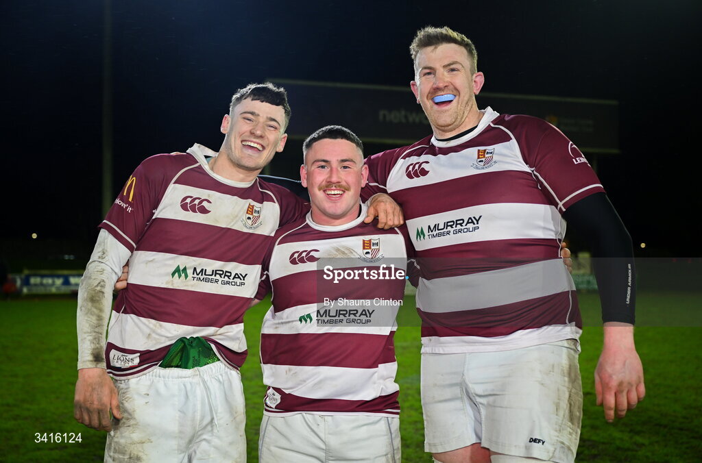 4 April 2026; Tullow RFC players celebrate after their side's victory in the Bank of Ireland Provincial Towns Cup semi-final match between Naas RFC and Tullow RFC at County Carlow RFC in Oakpark, Carlow. Photo by Shauna Clinton/Sportsfile