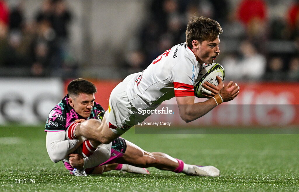 4 April 2026; Ethan McIlroy of Ulster is tackled by Reuben Morgan-Williams of Ospreys during the EPCR Challenge Cup match between Ulster and Ospreys at Affidea Stadium in Belfast. Photo by Ramsey Cardy/Sportsfile