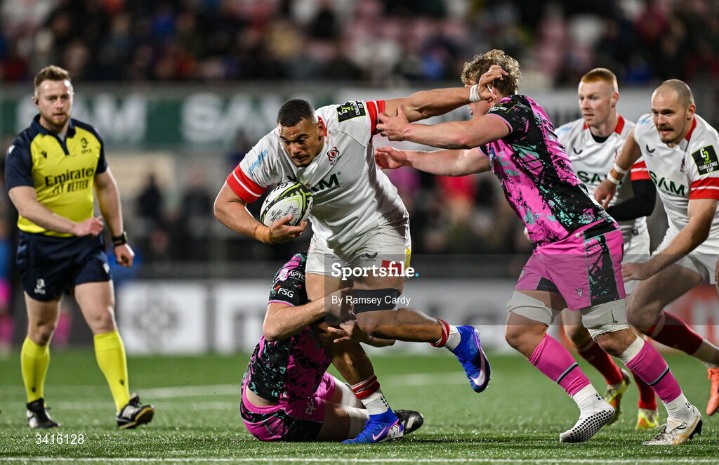 4 April 2026; Juarno Augustus of Ulster is tackled by Huw Sutton of Ospreys during the EPCR Challenge Cup match between Ulster and Ospreys at Affidea Stadium in Belfast. Photo by Ramsey Cardy/Sportsfile