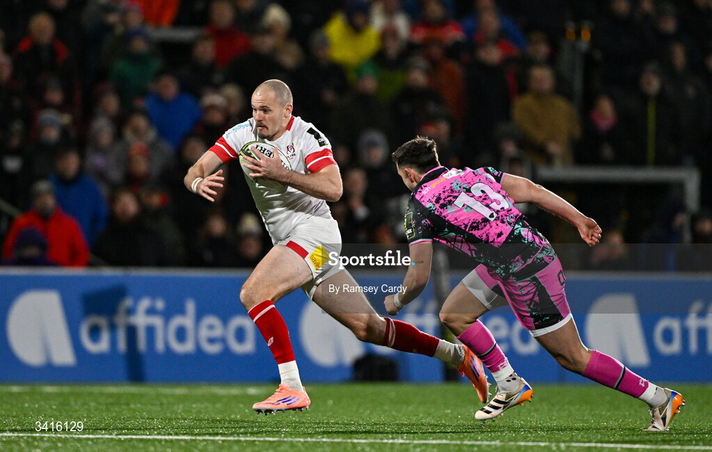4 April 2026; Jacob Stockdale of Ulster evades the tackle of Owen Watkin of Ospreys on his way to scoring his side's third try during the EPCR Challenge Cup match between Ulster and Ospreys at Affidea Stadium in Belfast. Photo by Ramsey Cardy/Sportsfile