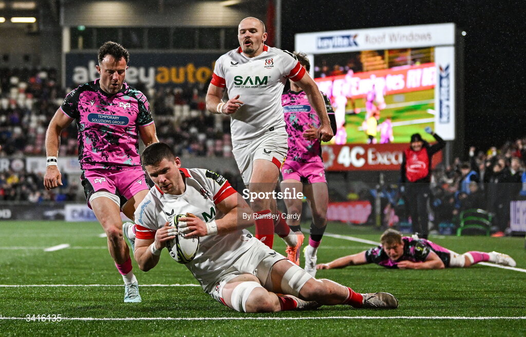 4 April 2026; Nick Timoney of Ulster dives over to score his side's fourth try during the EPCR Challenge Cup match between Ulster and Ospreys at Affidea Stadium in Belfast. Photo by Ramsey Cardy/Sportsfile