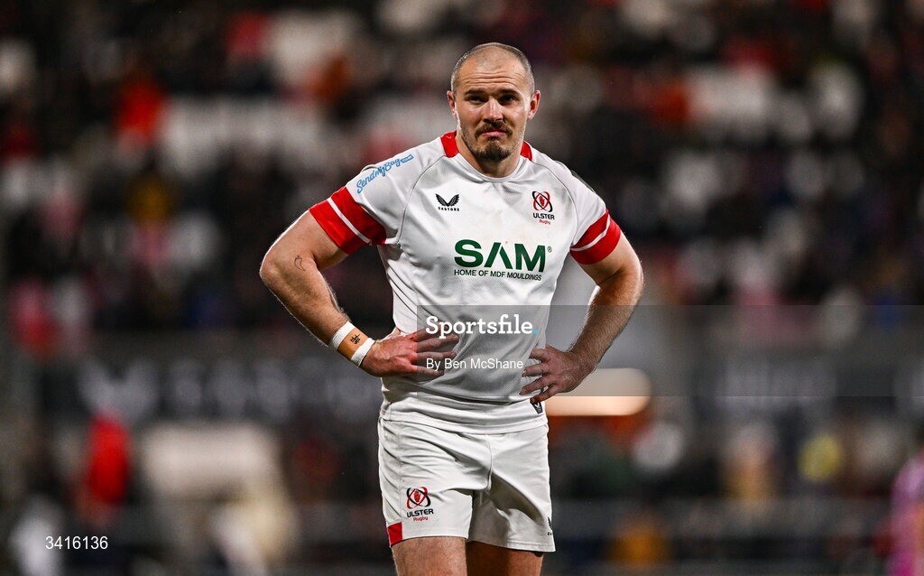4 April 2026; Jacob Stockdale of Ulster reacts during the EPCR Challenge Cup match between Ulster and Ospreys at Affidea Stadium in Belfast. Photo by Ben McShane/Sportsfile