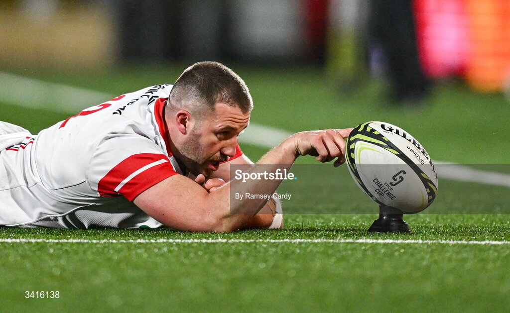 4 April 2026; Stuart McCloskey of Ulster assists with a conversion during the EPCR Challenge Cup match between Ulster and Ospreys at Affidea Stadium in Belfast. Photo by Ramsey Cardy/Sportsfile