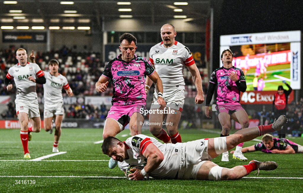 4 April 2026; Nick Timoney of Ulster dives over to score his side's fourth try during the EPCR Challenge Cup match between Ulster and Ospreys at Affidea Stadium in Belfast. Photo by Ramsey Cardy/Sportsfile