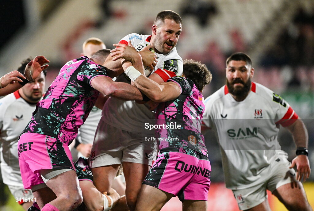 4 April 2026; Stuart McCloskey of Ulster is tackled by Sam Parry, left, and Dan Edwards of Ospreys during the EPCR Challenge Cup match between Ulster and Ospreys at Affidea Stadium in Belfast. Photo by Ramsey Cardy/Sportsfile