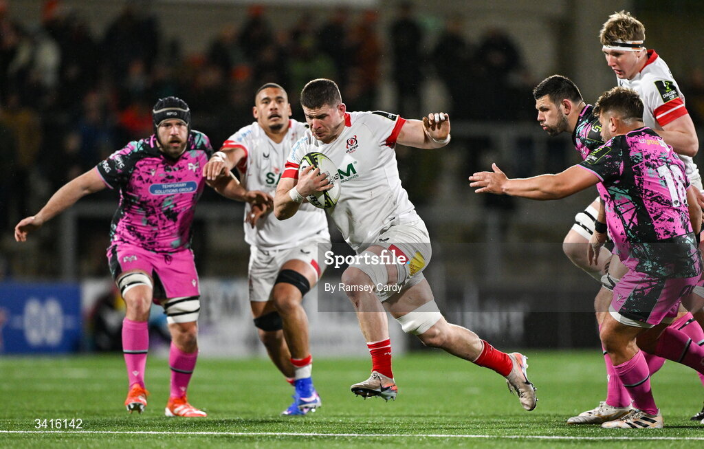 4 April 2026; Nick Timoney of Ulster during the EPCR Challenge Cup match between Ulster and Ospreys at Affidea Stadium in Belfast. Photo by Ramsey Cardy/Sportsfile
