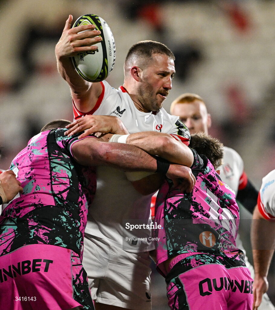 4 April 2026; Stuart McCloskey of Ulster is tackled by Sam Parry, left, and Dan Edwards of Ospreys during the EPCR Challenge Cup match between Ulster and Ospreys at Affidea Stadium in Belfast. Photo by Ramsey Cardy/Sportsfile