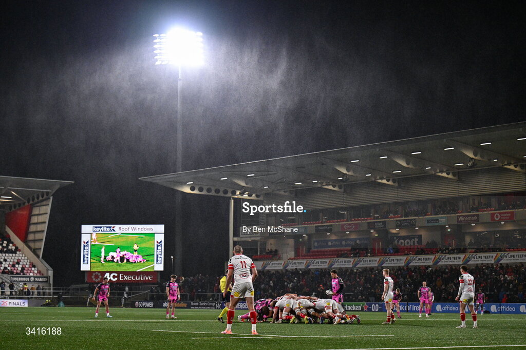 4 April 2026; A general view of a scrum during the EPCR Challenge Cup match between Ulster and Ospreys at Affidea Stadium in Belfast. Photo by Ben McShane/Sportsfile