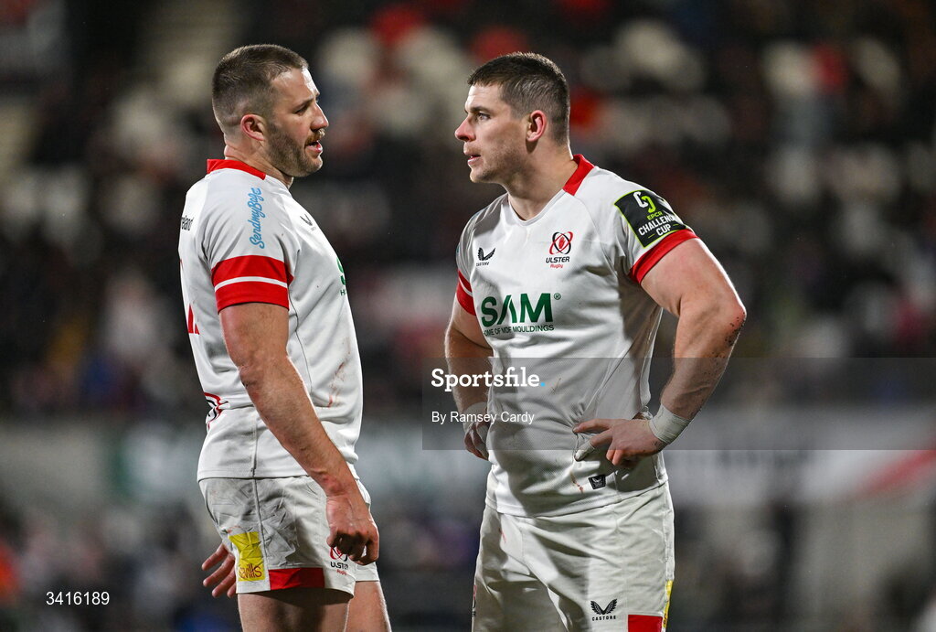 4 April 2026; Stuart McCloskey, left, and Nick Timoney of Ulster in discussion during the EPCR Challenge Cup match between Ulster and Ospreys at Affidea Stadium in Belfast. Photo by Ramsey Cardy/Sportsfile