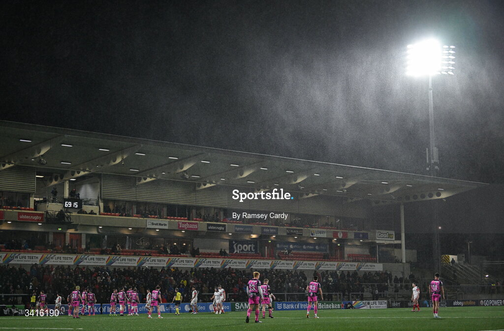 4 April 2026; A general view as the rain falls during the EPCR Challenge Cup match between Ulster and Ospreys at Affidea Stadium in Belfast. Photo by Ramsey Cardy/Sportsfile