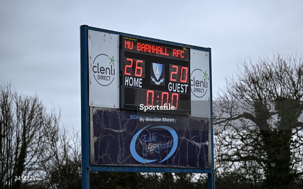 4 April 2026; Scoreboard showing the final score during the Energia Men's All-Ireland League Division match between MU Barnhall and Wanderers RFC at MU Barnhall RFC in Parsonstown, Kildare. Photo by Brendan Moran/Sportsfile