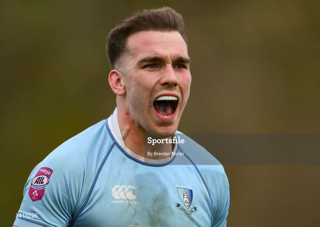 4 April 2026; Shane Mallon of MU Barnhall celebrates at the final whistle of the Energia Men's All-Ireland League Division match between MU Barnhall and Wanderers RFC at MU Barnhall RFC in Parsonstown, Kildare. Photo by Brendan Moran/Sportsfile