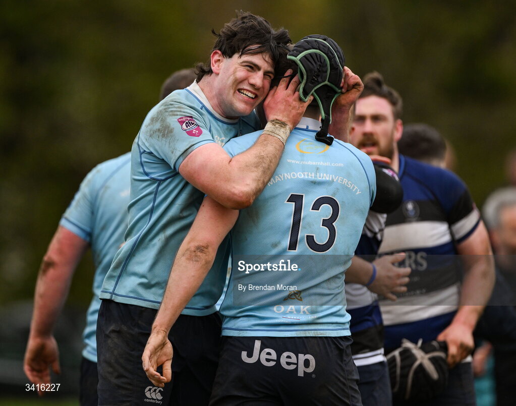 4 April 2026; Ciaran Enright, left, and Shane Mallon of MU Barnhall celebrate after the Energia Men's All-Ireland League Division match between MU Barnhall and Wanderers RFC at MU Barnhall RFC in Parsonstown, Kildare. Photo by Brendan Moran/Sportsfile