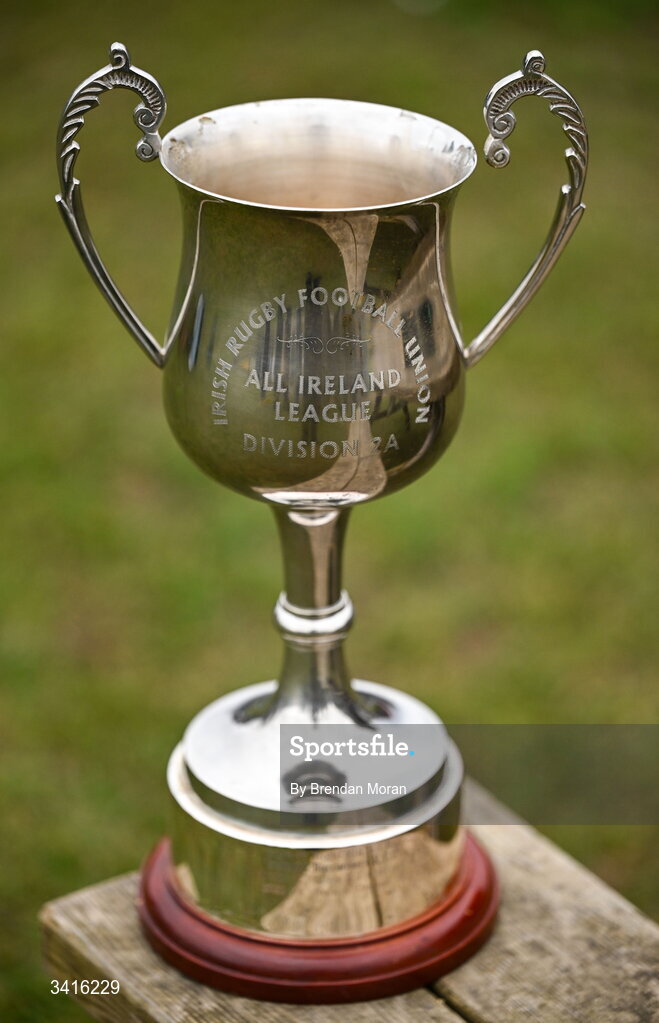 4 April 2026; The Energia AIL Men's Division 2 trophy after the Energia Men's All-Ireland League Division match between MU Barnhall and Wanderers RFC at MU Barnhall RFC in Parsonstown, Kildare. Photo by Brendan Moran/Sportsfile