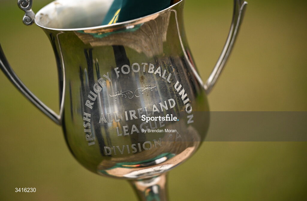 4 April 2026; The Energia AIL Men's Division 2 trophy after the Energia Men's All-Ireland League Division match between MU Barnhall and Wanderers RFC at MU Barnhall RFC in Parsonstown, Kildare. Photo by Brendan Moran/Sportsfile