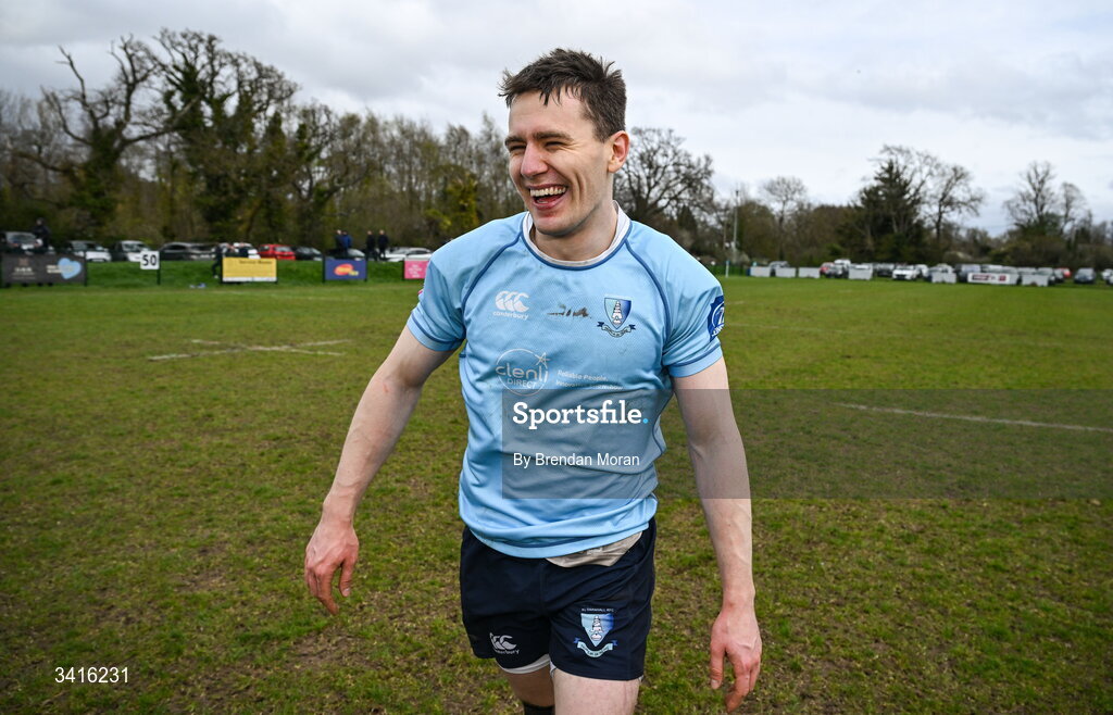 4 April 2026; Conor Neville of MU Barnhall celebrates after the Energia Men's All-Ireland League Division match between MU Barnhall and Wanderers RFC at MU Barnhall RFC in Parsonstown, Kildare. Photo by Brendan Moran/Sportsfile