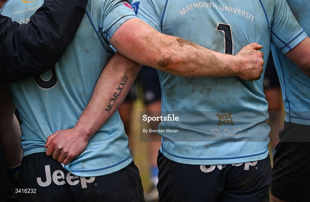 4 April 2026; MU Barnhall players huddle after the Energia Men's All-Ireland League Division match between MU Barnhall and Wanderers RFC at MU Barnhall RFC in Parsonstown, Kildare. Photo by Brendan Moran/Sportsfile